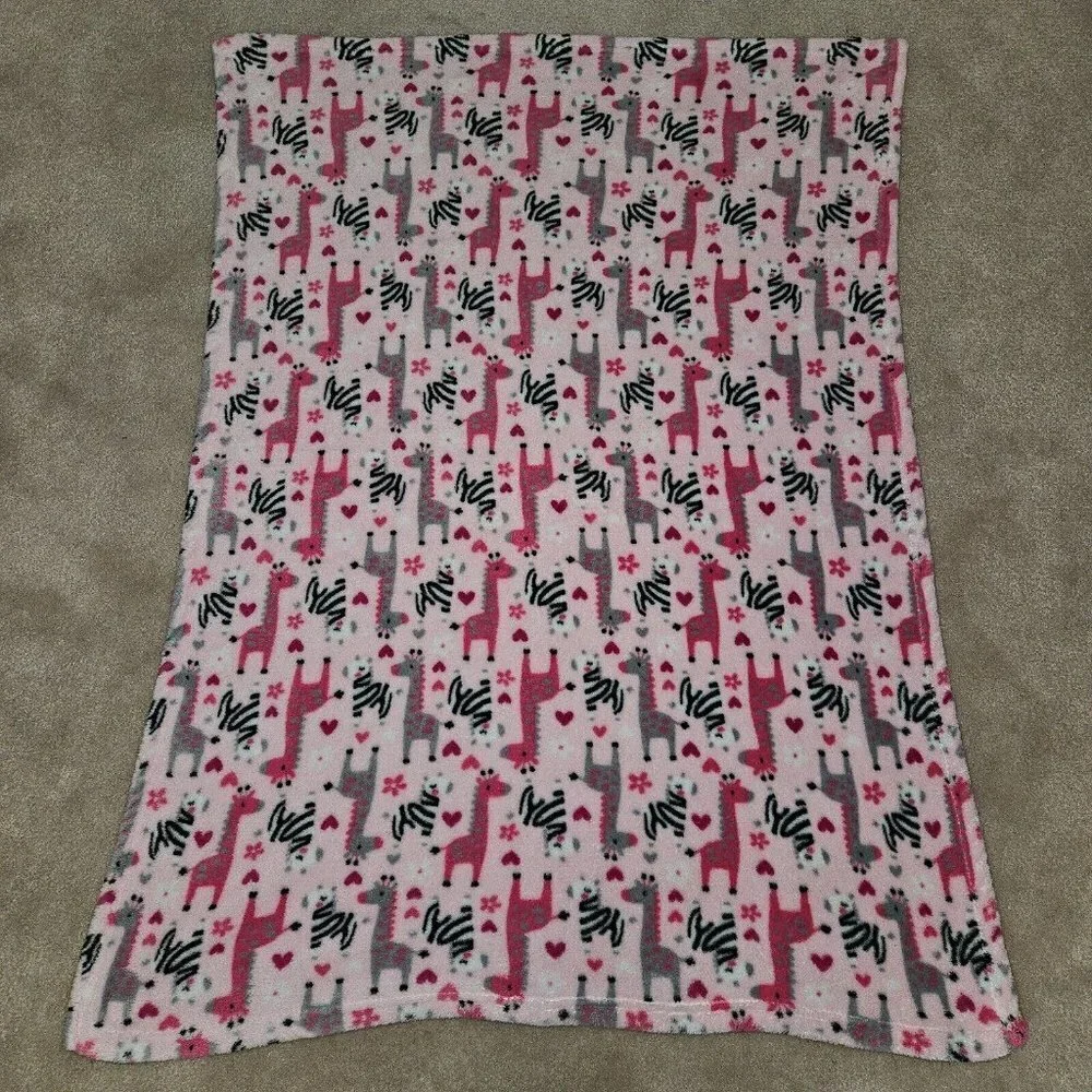 Baby Gear Pink Zebra Fleece Blanket Girl Lovey 30x40 Hearts Gray Black White